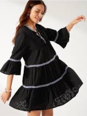 Tommy Bahama Cotton Embroidered Tassels V- neck Black Dress M/L